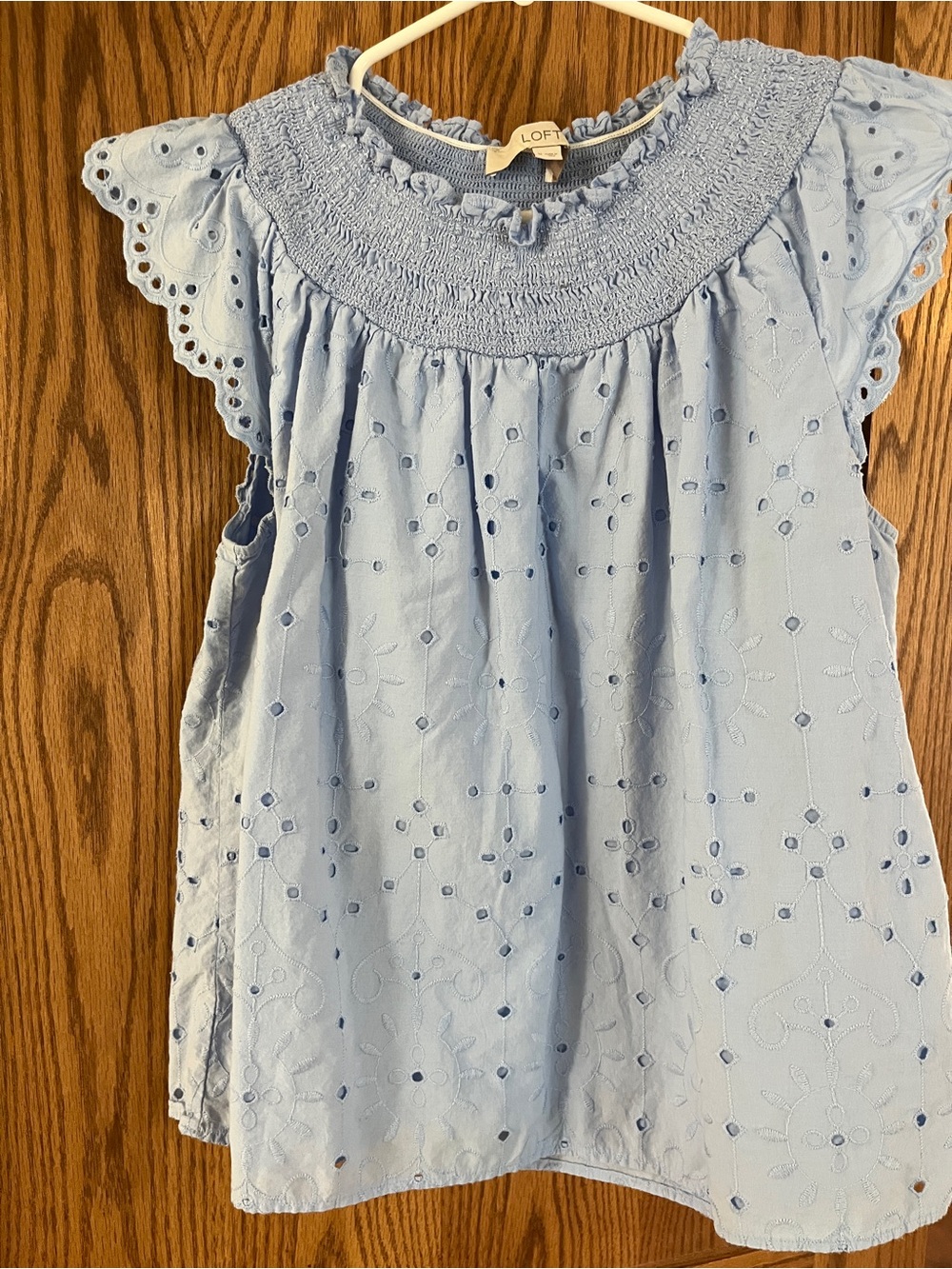 LOFT Women’s Light Blue Eyelet Smocked Yoke Blouse